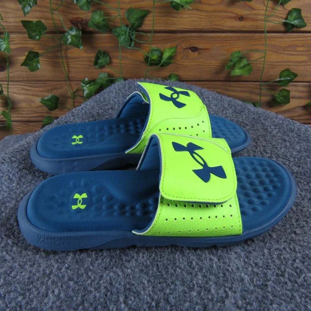 Under‎ Armour Ignite Pro Kids 3 Lime Surge Static Blue Slide Sandals Comfort